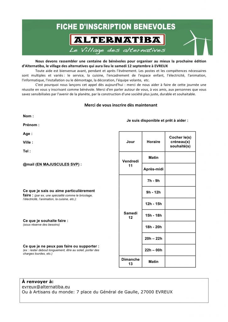 fiche inscription bénévoles